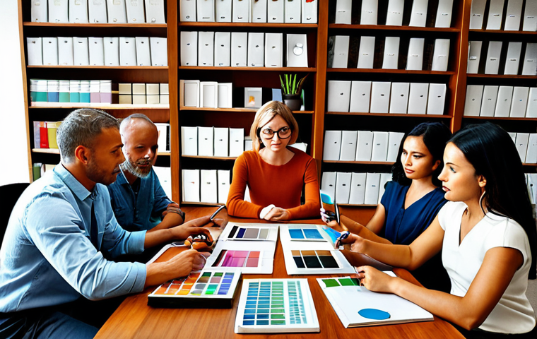 **
A diverse group of people from around the world are gathered around a table, working collaboratively on a design project. Some are pointing at color swatches, others at computer screens. The overall feeling is positive and innovative. The setting should be a modern office with global design books on the shelves.
**