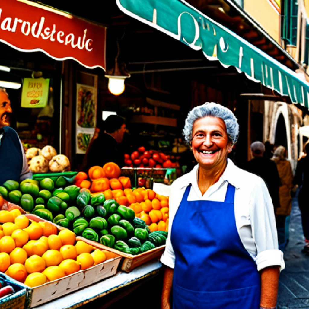 **

"A vibrant Italian marketplace scene, featuring a fruit stand overflowing with colorful produce. A fully clothed vendor smiles warmly at a customer. Background includes charming shops and pedestrians in stylish, modest clothing. Focus on natural light and authentic Italian details. Safe for work, appropriate content, professional photography, perfect anatomy, correct proportions, family-friendly, high quality."

**