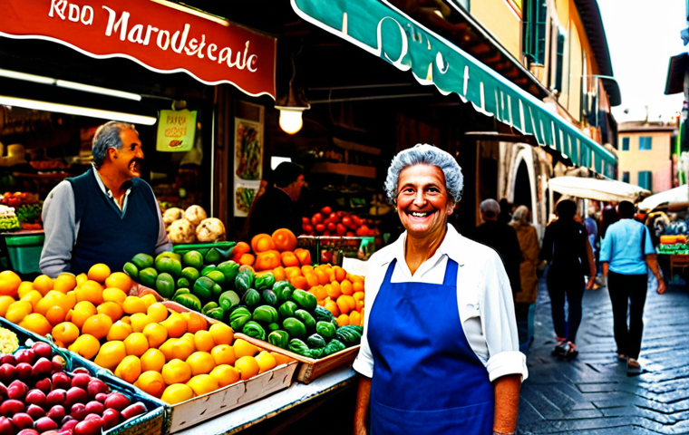 **

"A vibrant Italian marketplace scene, featuring a fruit stand overflowing with colorful produce. A fully clothed vendor smiles warmly at a customer. Background includes charming shops and pedestrians in stylish, modest clothing. Focus on natural light and authentic Italian details. Safe for work, appropriate content, professional photography, perfect anatomy, correct proportions, family-friendly, high quality."

**